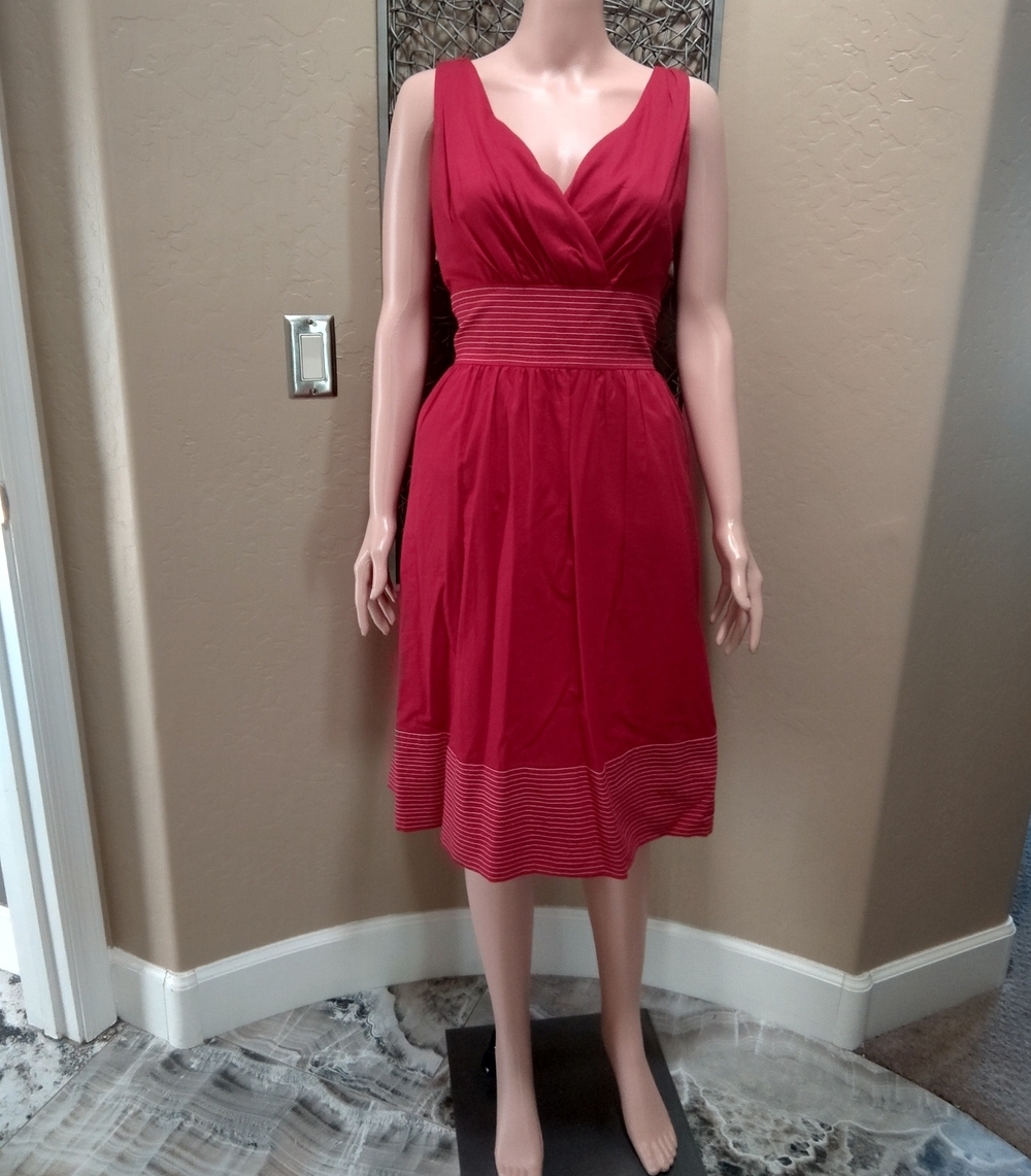 Suzi Chin for Maggie Botique Red Sleeveless V-Neck Dress with White Stitching